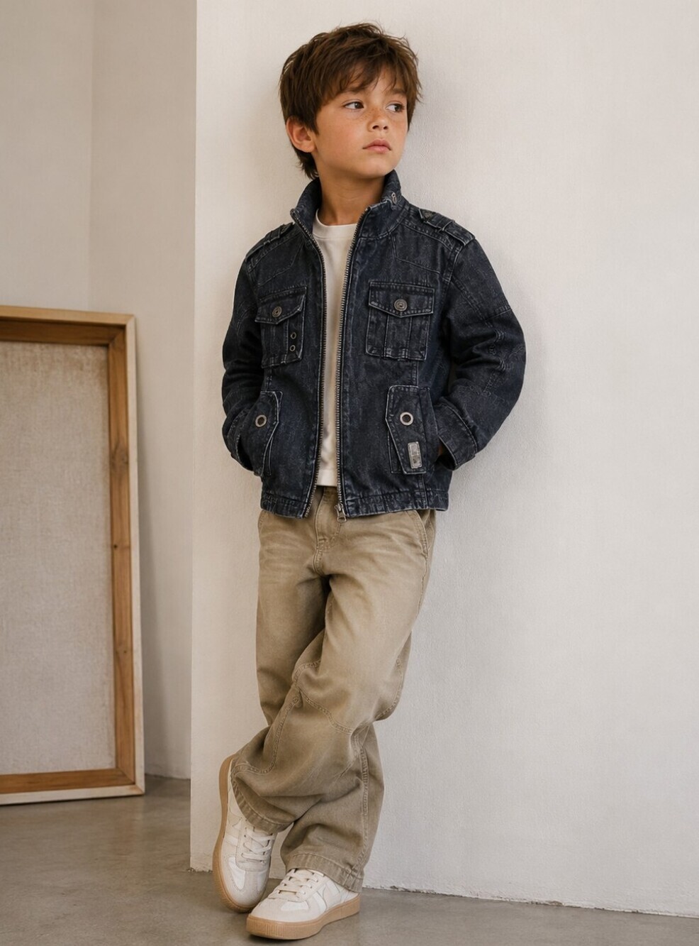 Adams Boys Denim Utility Jacket Cargo Tactical Military Trucker Coat Size 7